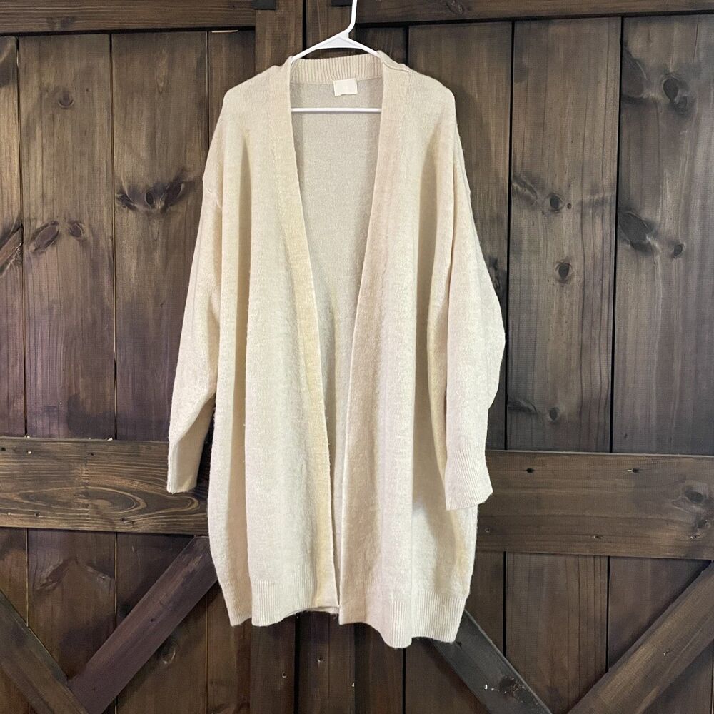 Cream Wool Blend Longline Cardigan Sweater XL Open Front Pockets  Quiet Luxury